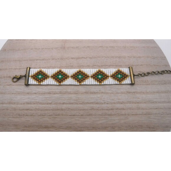 Loom Beaded Bracelet White, Brown & Green - Picture 3 of 5